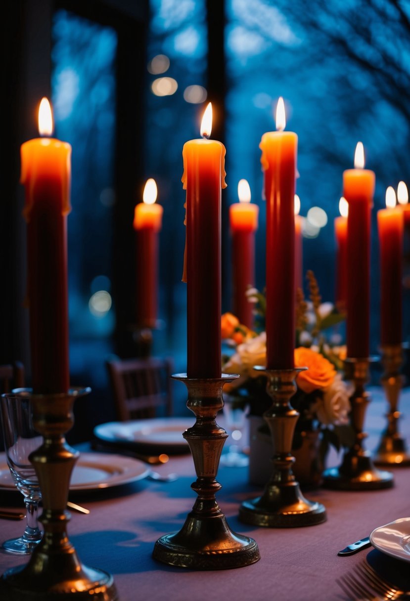 Dark taper candles in vintage holders illuminate a moody wedding table