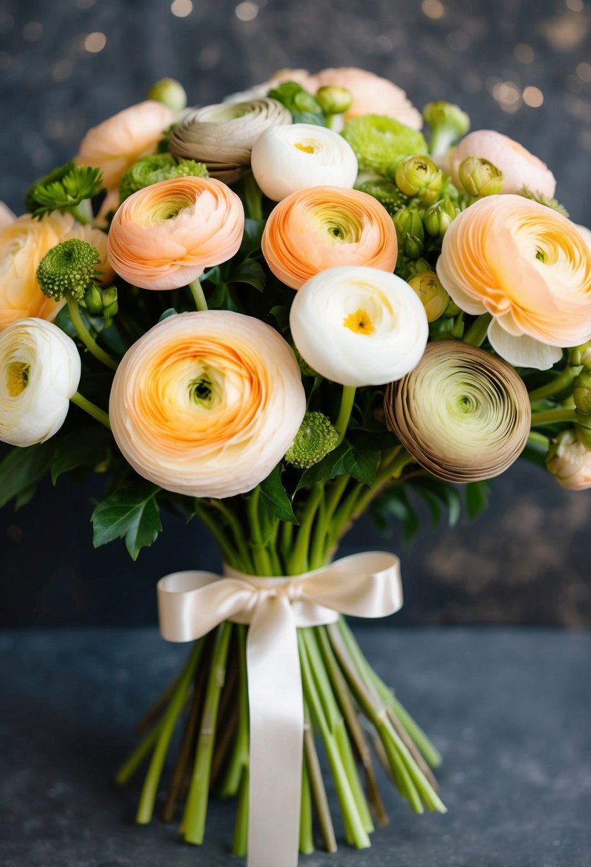 A lush bouquet of peach and earth tone ranunculus flowers, tied with a satin ribbon