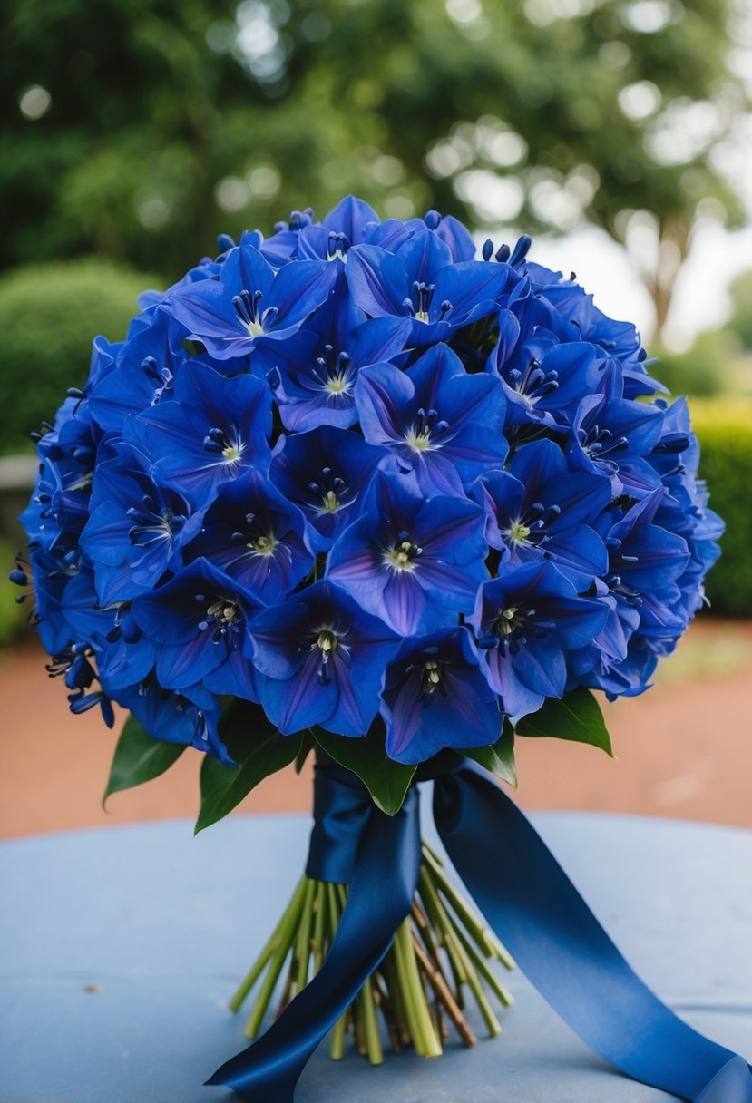 A lush bunch of sapphire blue delphiniums arranged in a navy blue wedding bouquet