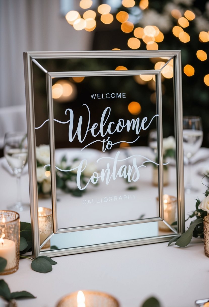 Elegant mirrored welcome signs with moody calligraphy for wedding table decor