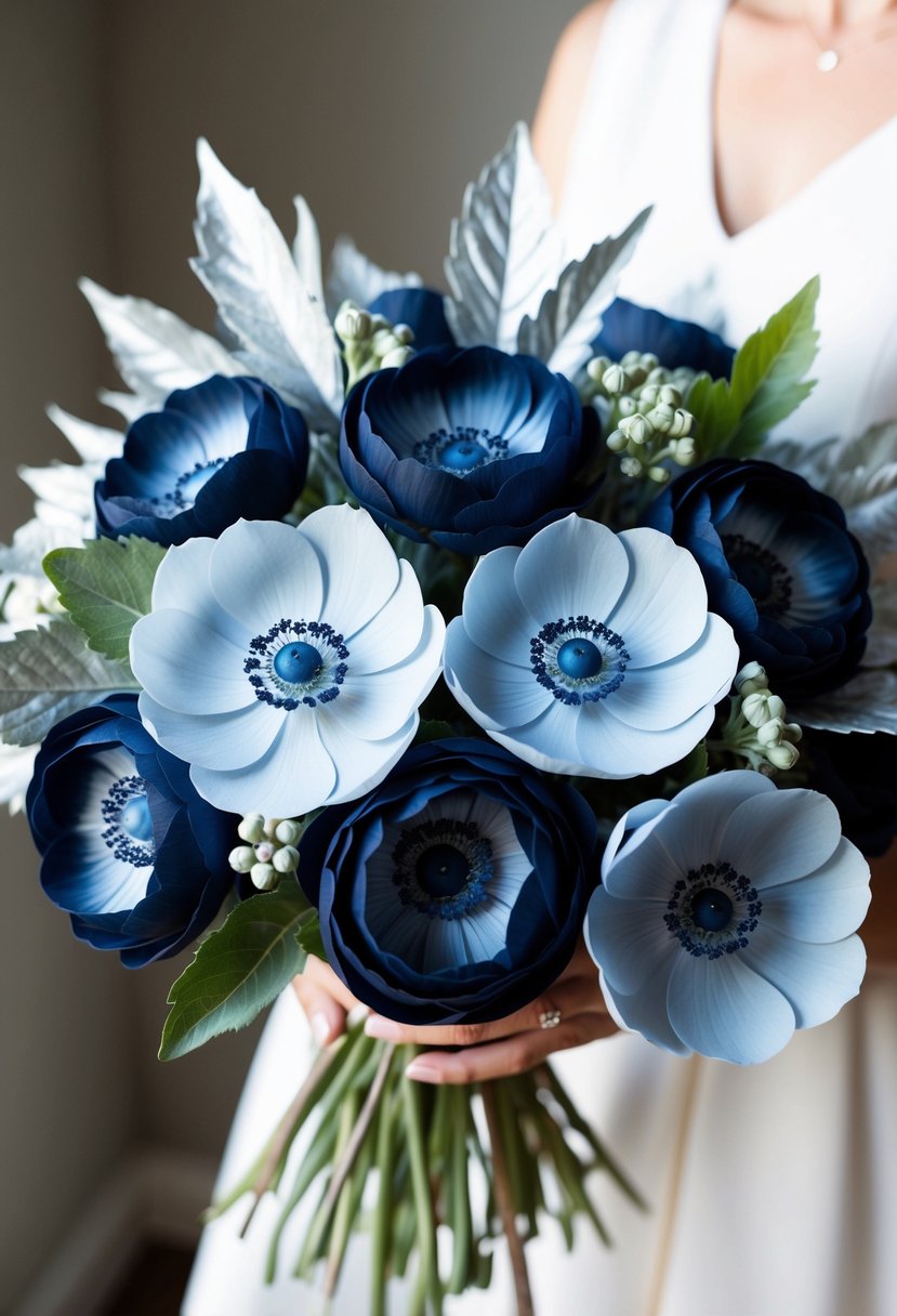 A navy blue anemone bouquet with silver leaves, arranged in a delicate and elegant composition