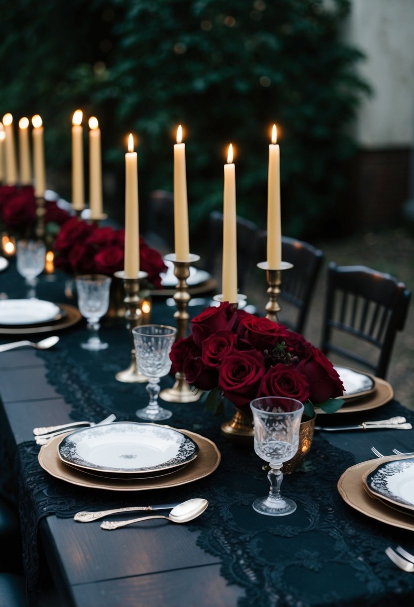 Black lace tablecloths drape over dark wooden tables adorned with candles, vintage silverware, and deep red roses