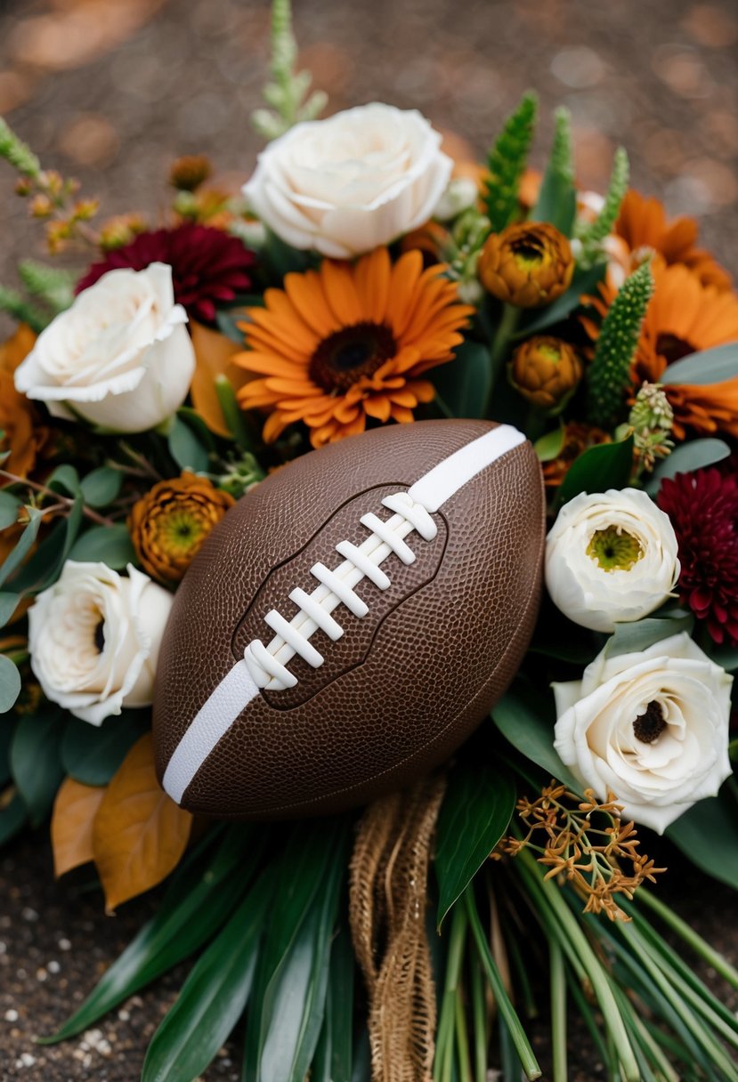 A bronze football mum sits among earth-toned flowers in a wedding bouquet