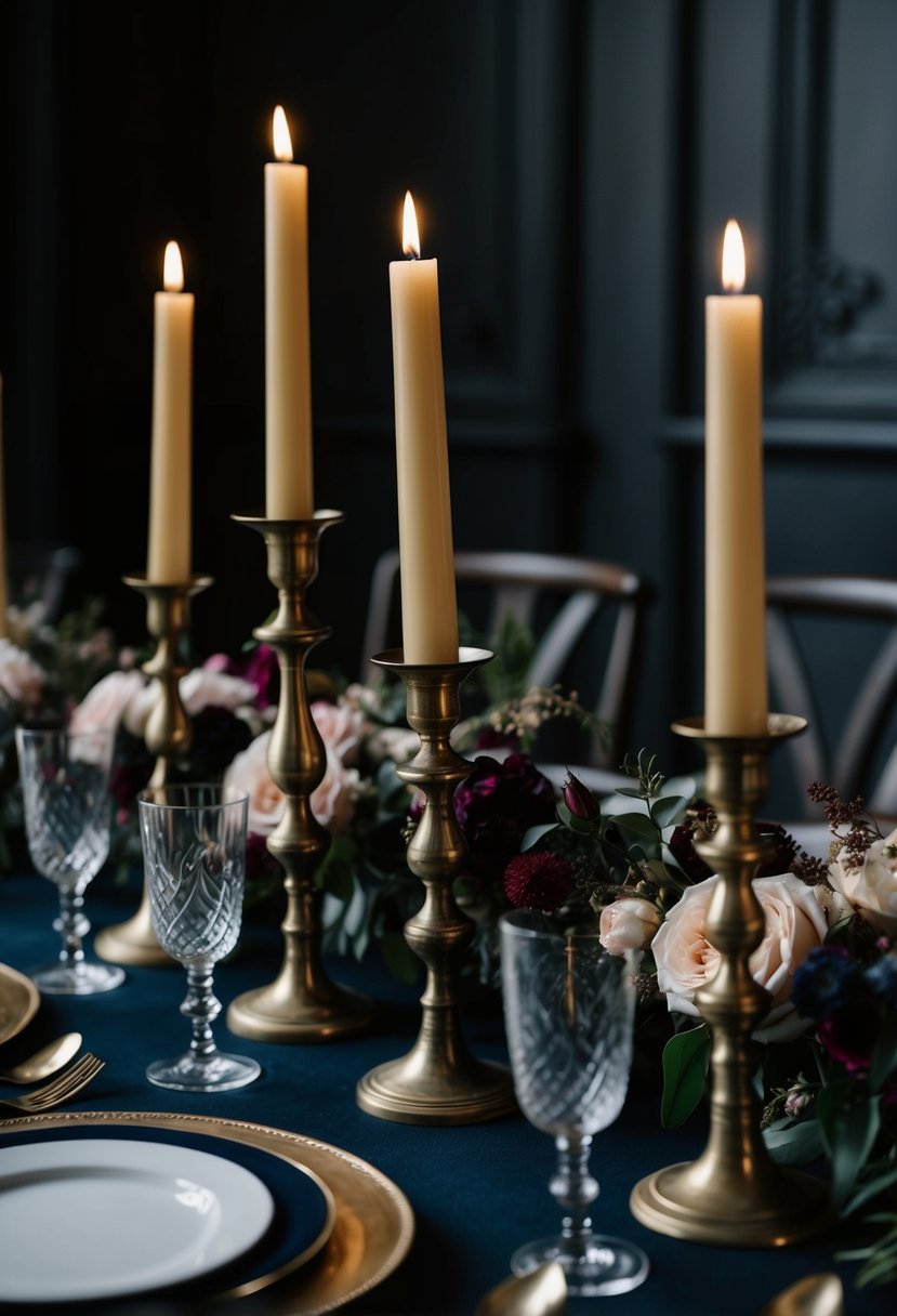 Antique brass candlesticks arranged on a dark, moody wedding table with deep-hued florals and elegant taper candles