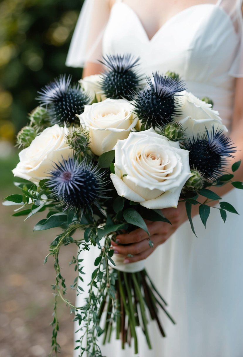 A bouquet of ivory roses and navy blue thistles arranged in a rustic, hand-tied style with trailing greenery