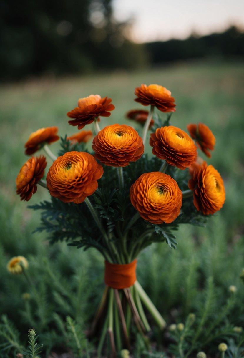 A bouquet of rust-colored butterfly ranunculus, in earth tones