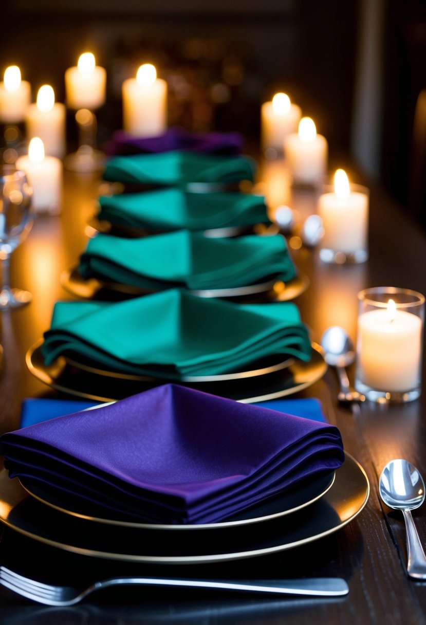 Deep purple, emerald green, and sapphire blue napkins arranged on a dark wood table with flickering candlelight