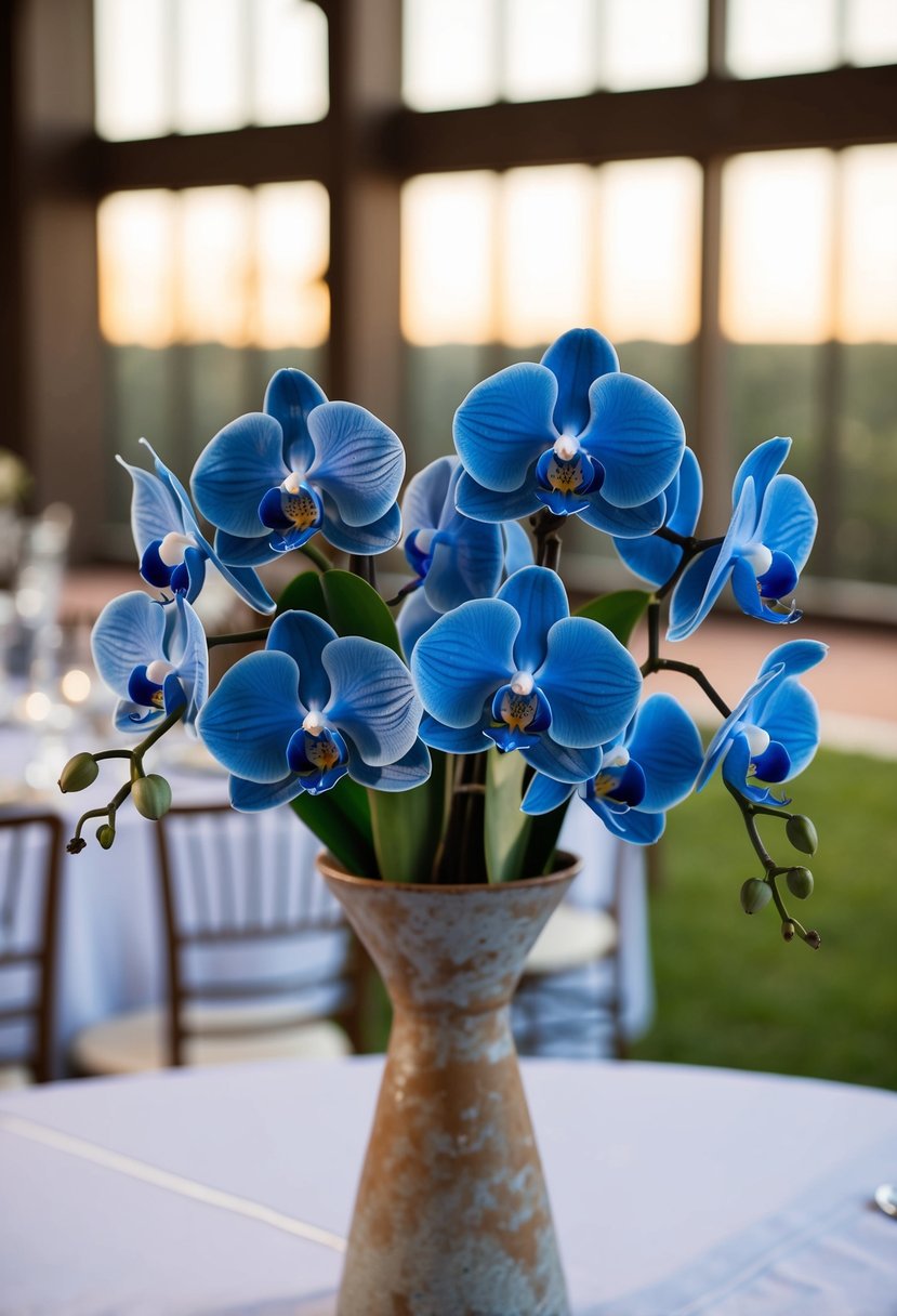 A dusty blue and navy orchid wedding bouquet arranged in a rustic vase