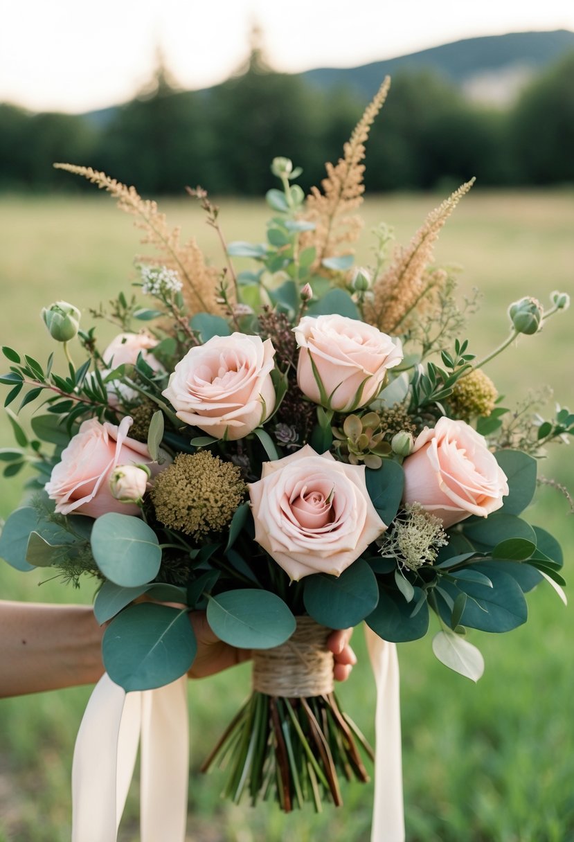 A rustic wedding bouquet featuring blush spray roses, earthy tones, and a blissful arrangement of greenery and foliage