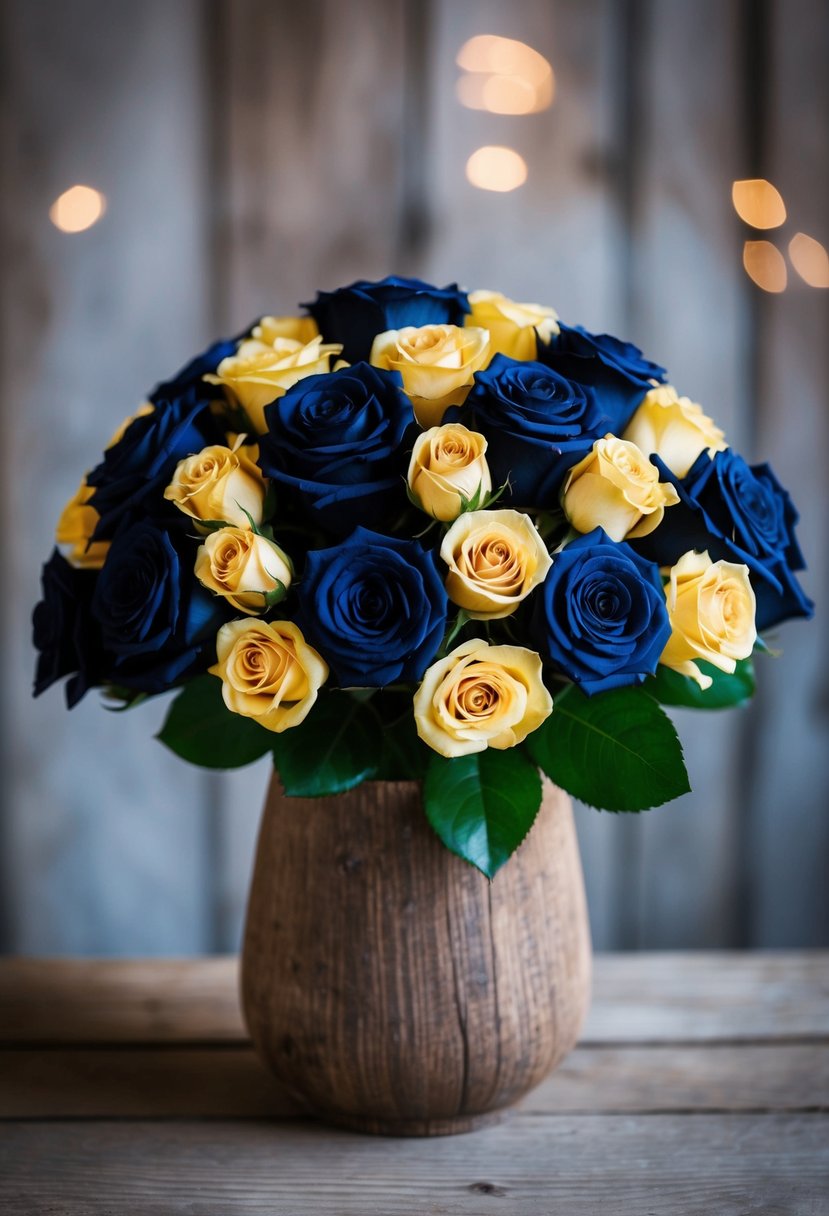 A navy blue and gold rose bouquet arranged in a rustic wooden vase