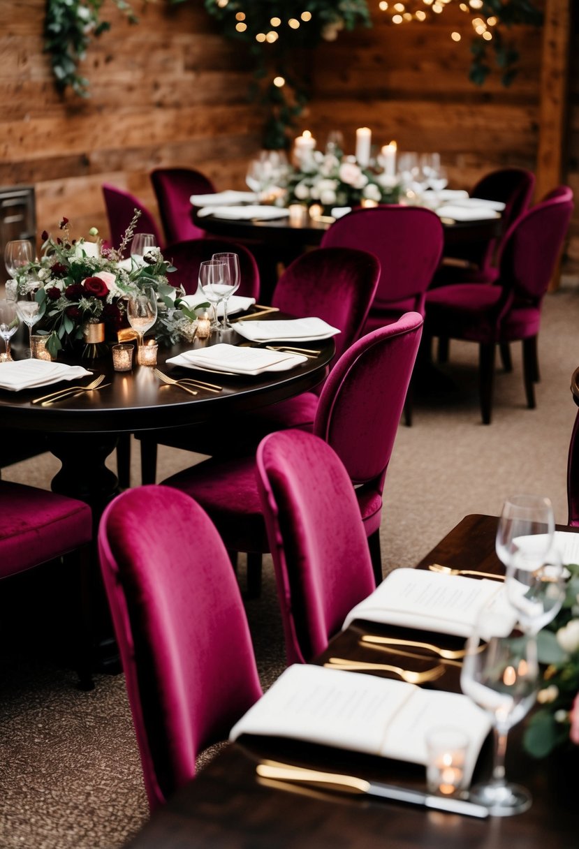 Velvet chairs surround dark wood tables adorned with moody wedding decor