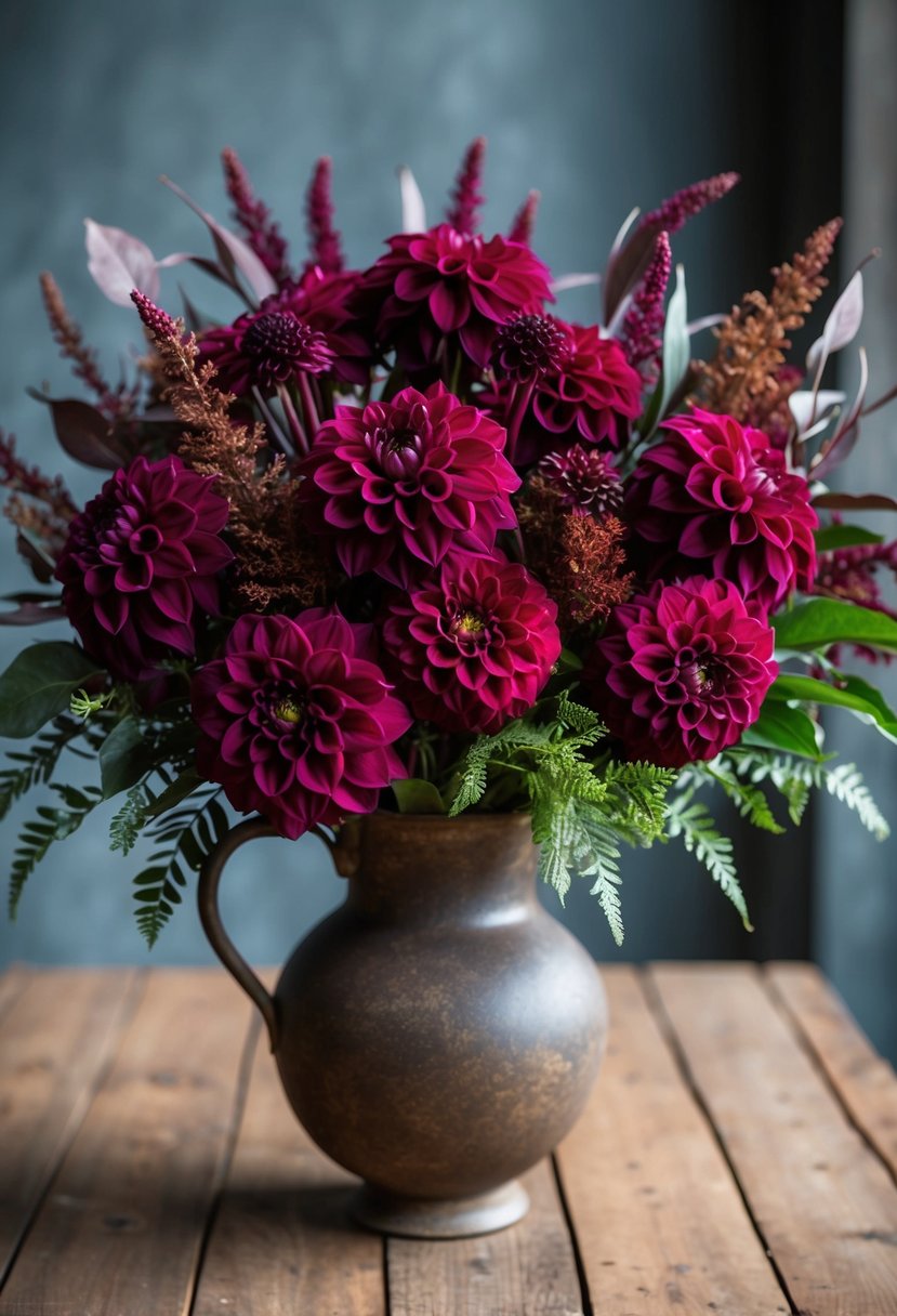 A lush bouquet of burgundy dahlias, earth-toned foliage, and dramatic accents, arranged in a rustic vase