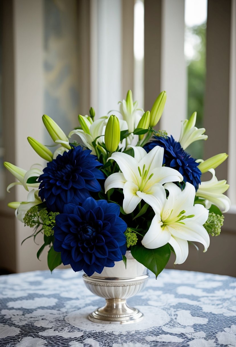 A navy blue Dahlia and white Lily bouquet arranged in a silver vase on a lace tablecloth