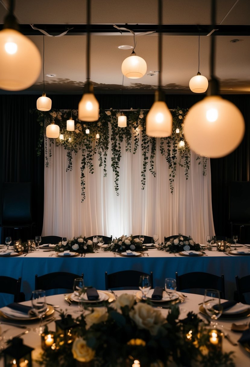 A dimly lit wedding backdrop with hanging elements, surrounded by moody table decorations