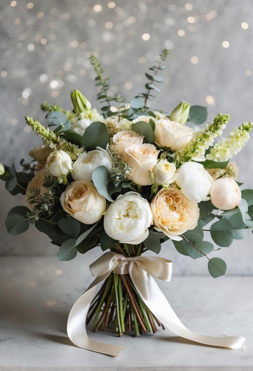 A lush bouquet of cream and sand-colored roses, peonies, and eucalyptus tied with a silk ribbon