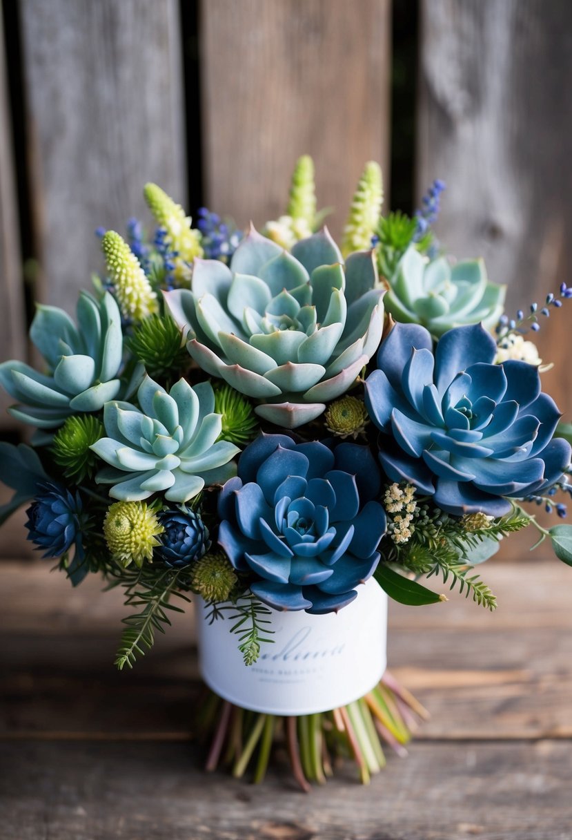 A bouquet of navy blue succulents and wildflowers arranged in a rustic, elegant style