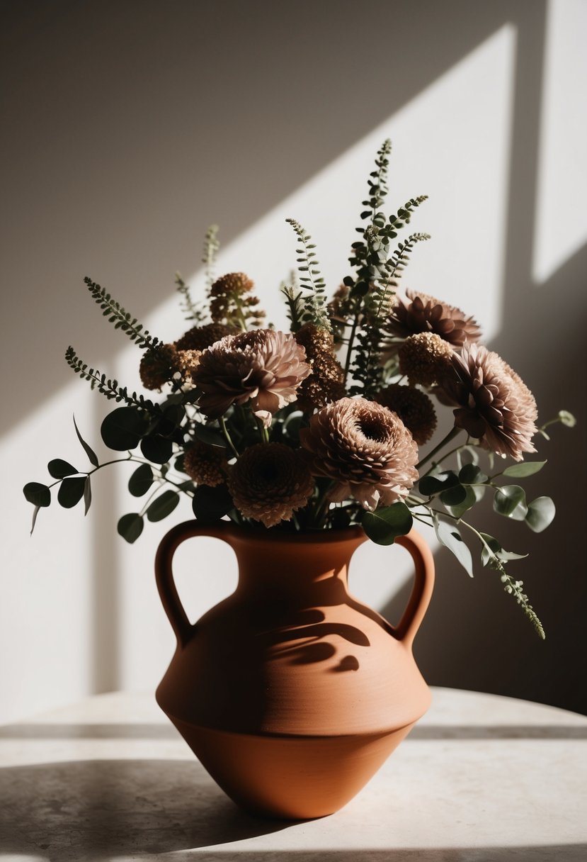 A terracotta vase holds a bouquet of muted earth-toned flowers and greenery, with soft lighting casting gentle shadows