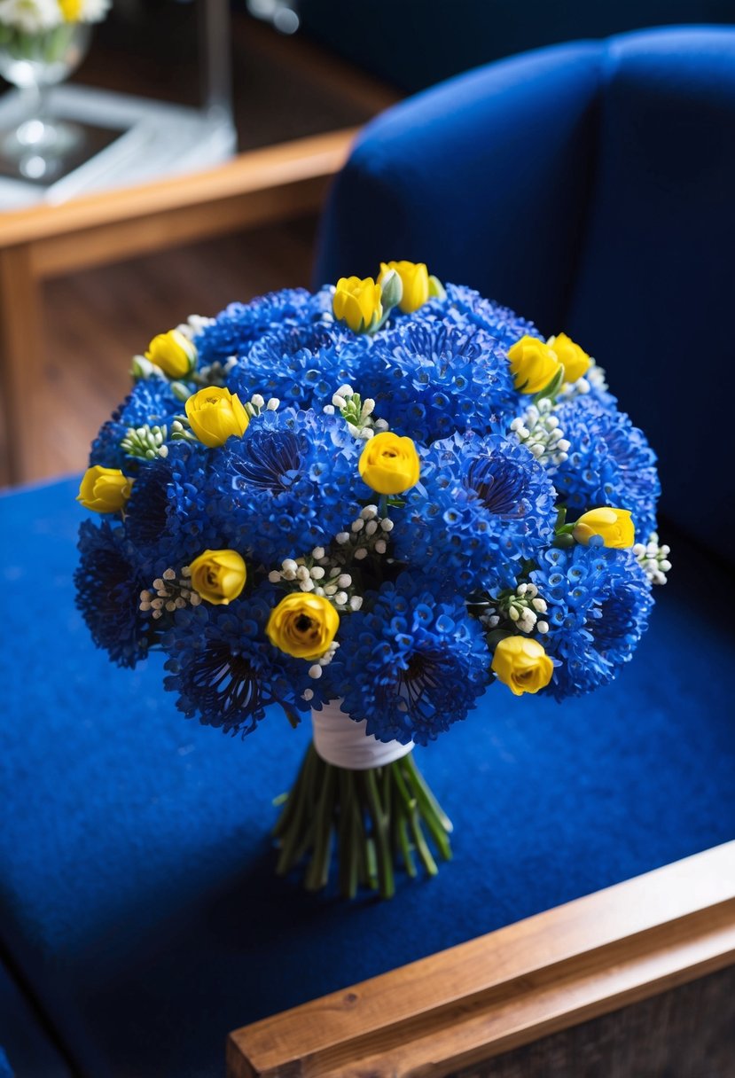 A royal blue gypsophila bouquet with yellow accents in a navy blue setting