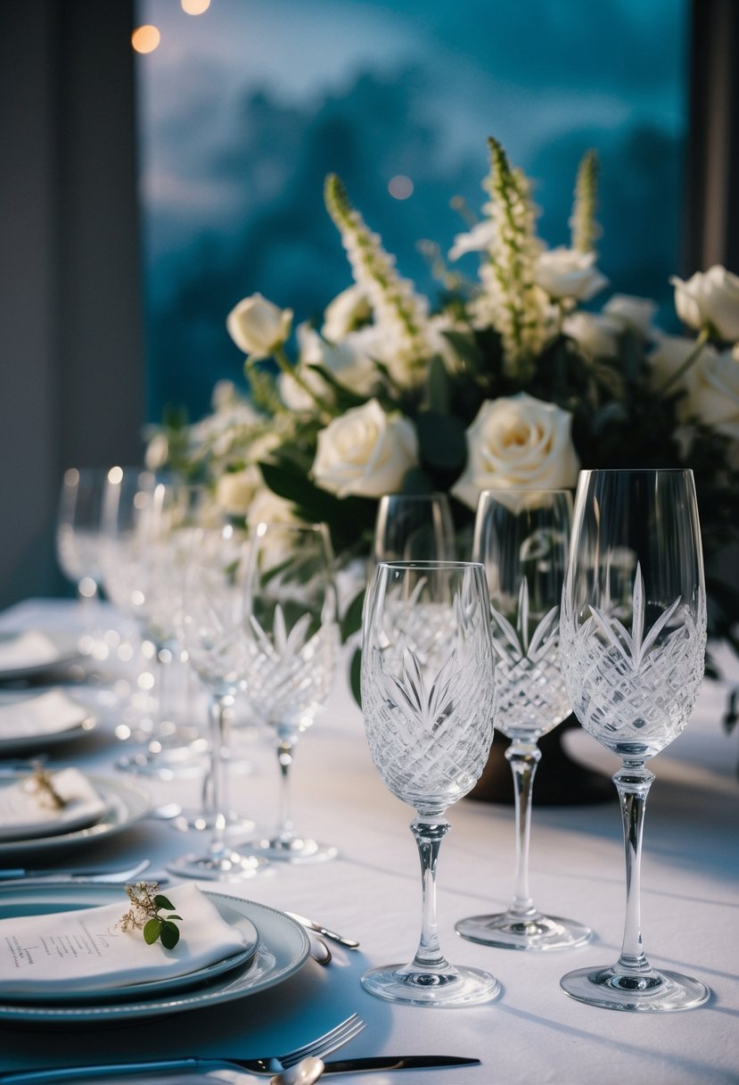 Elegant crystal glassware arranged on a moody wedding table