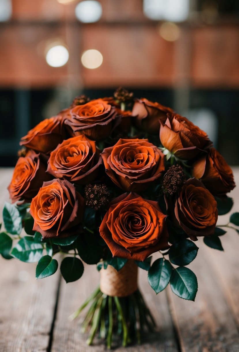 A rustic bouquet of earth-toned roses in rich rust colors