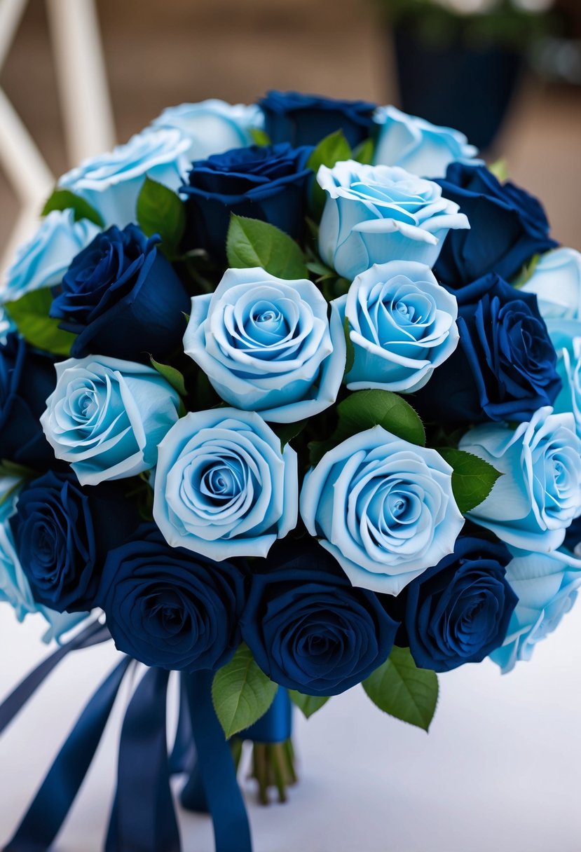 A bouquet of navy and light blue silk roses arranged in a delicate cascade, perfect for a navy blue wedding theme