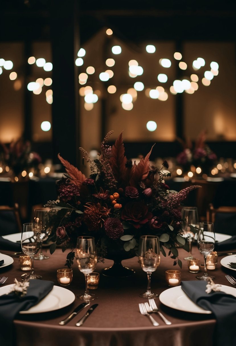 A dimly lit table adorned with rich, moody floral arrangements and dark, dramatic centerpiece designs