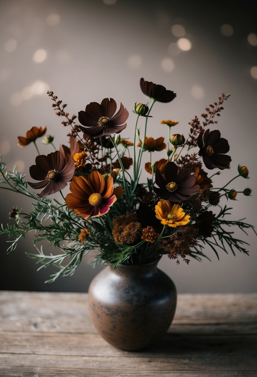 A bouquet of chocolate cosmos, surrounded by earth-toned flowers and foliage, arranged in a rustic vase