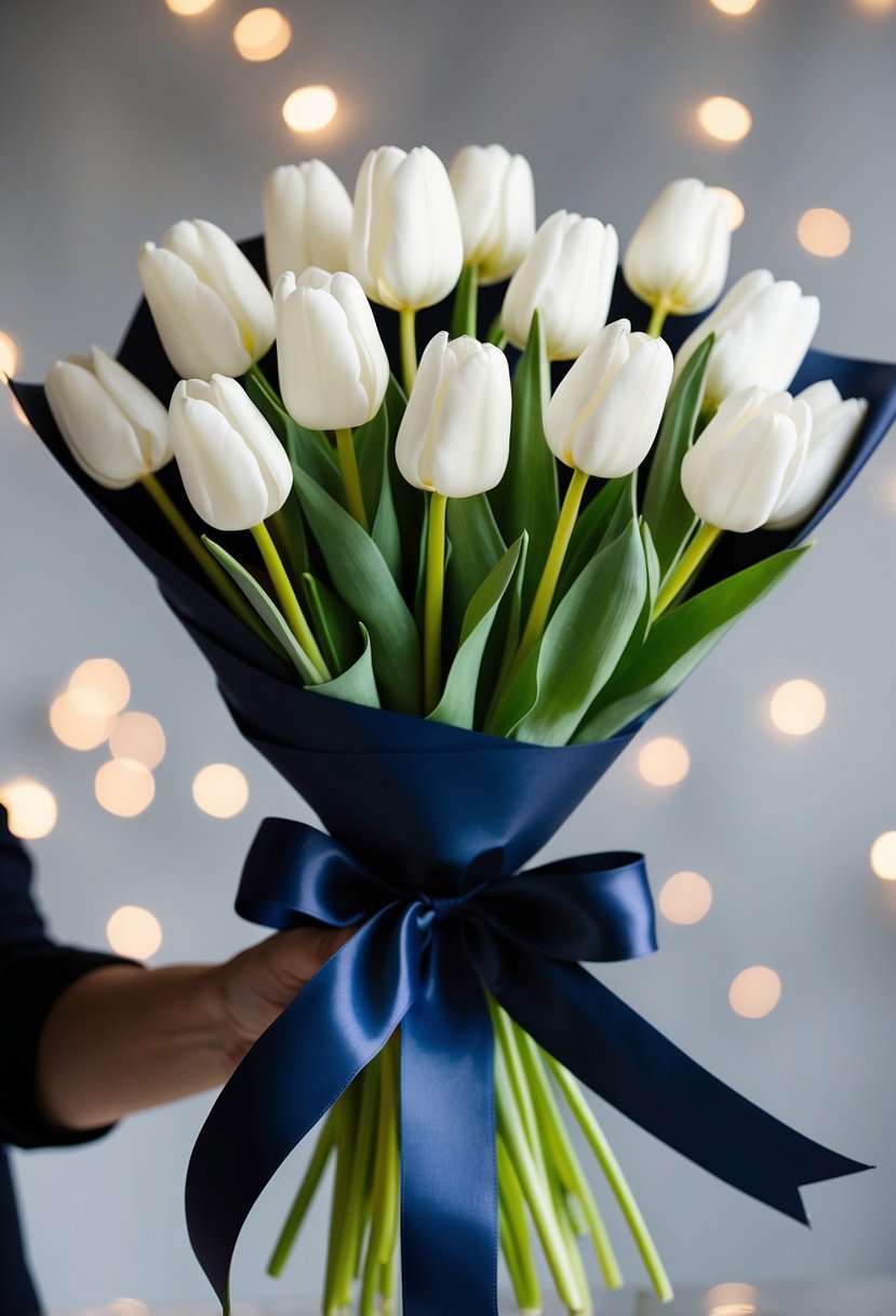 A bouquet of white tulips wrapped in navy ribbon