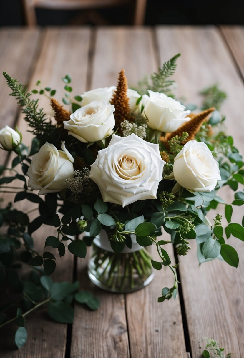 A white garden rose bouquet with earth-toned accents sits on a rustic wooden table, surrounded by delicate greenery and soft, natural light