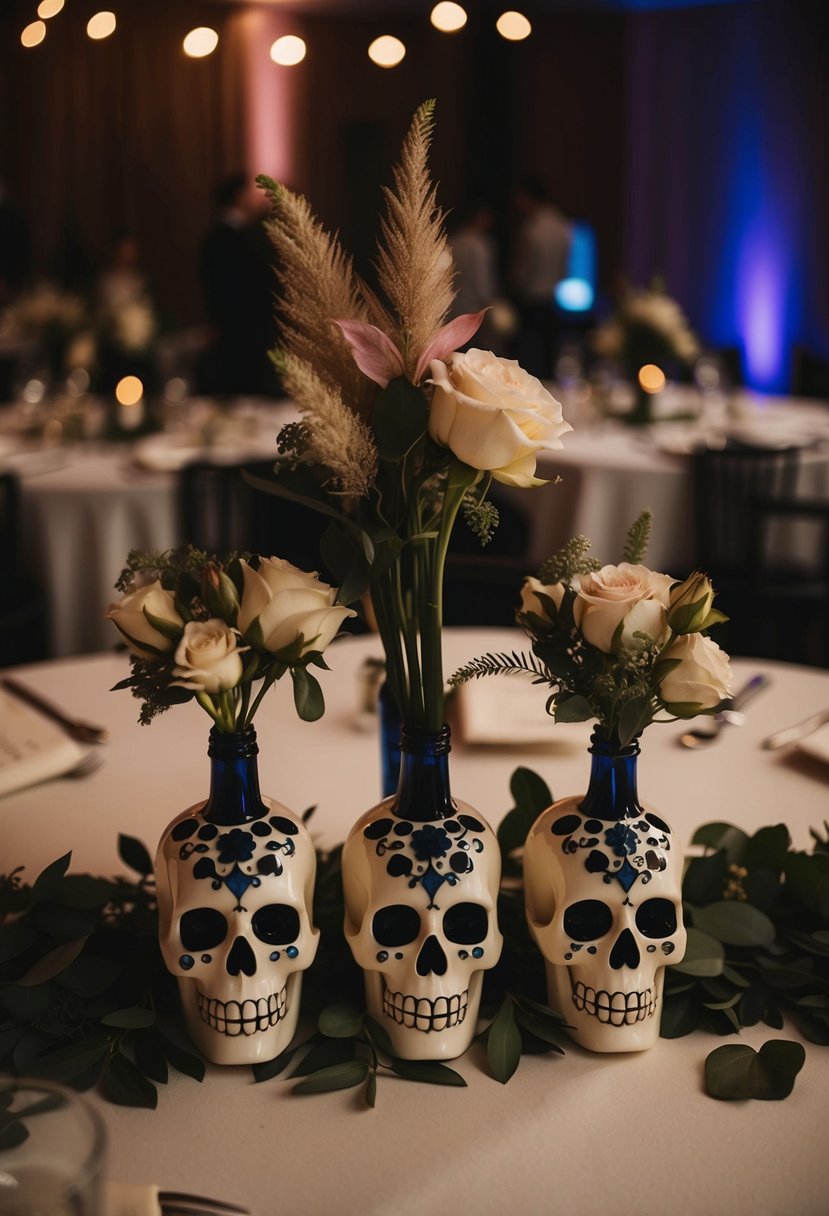 A dimly lit table adorned with skull-shaped vases filled with moody florals for a wedding reception