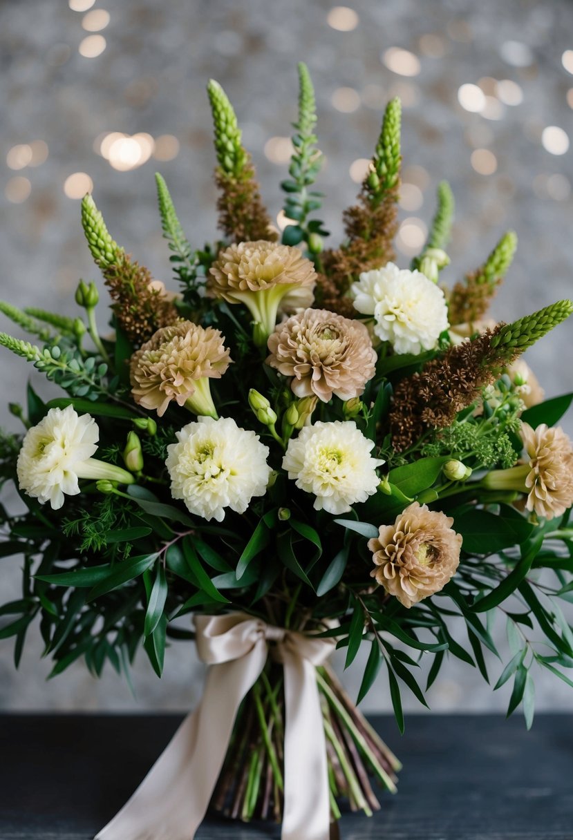 A lush bouquet of lisianthus flowers in earthy tones, layered with greenery and tied with a silk ribbon