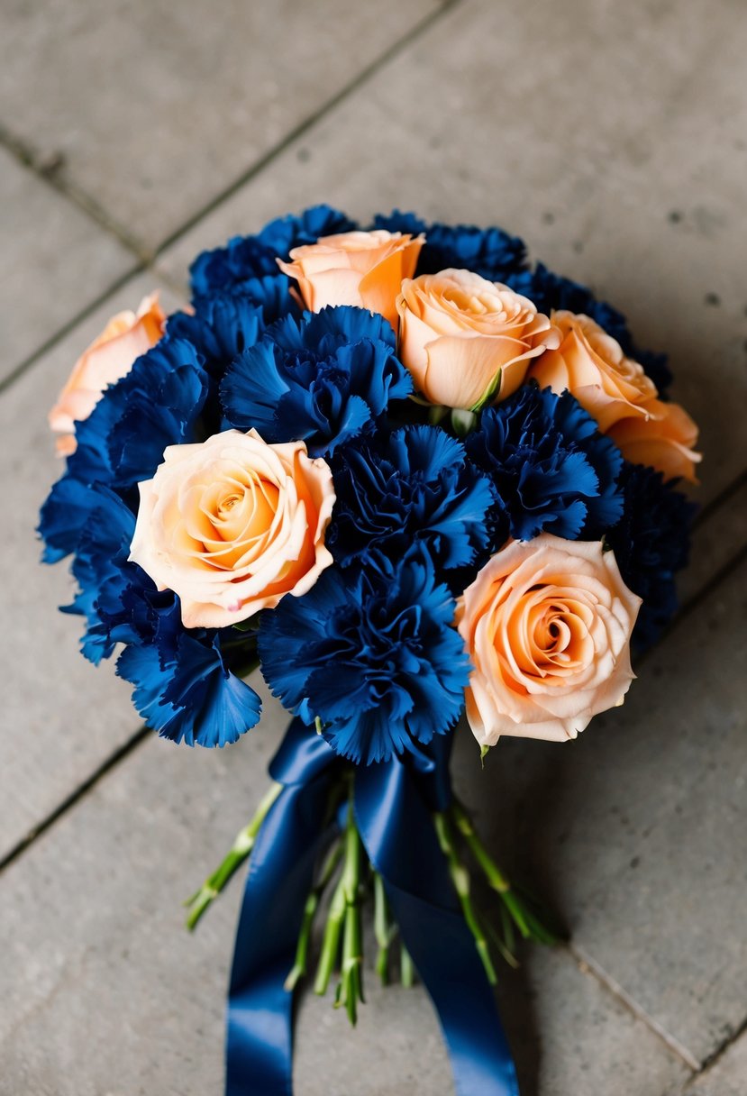 A bouquet of navy blue carnations and peach roses tied with a satin ribbon