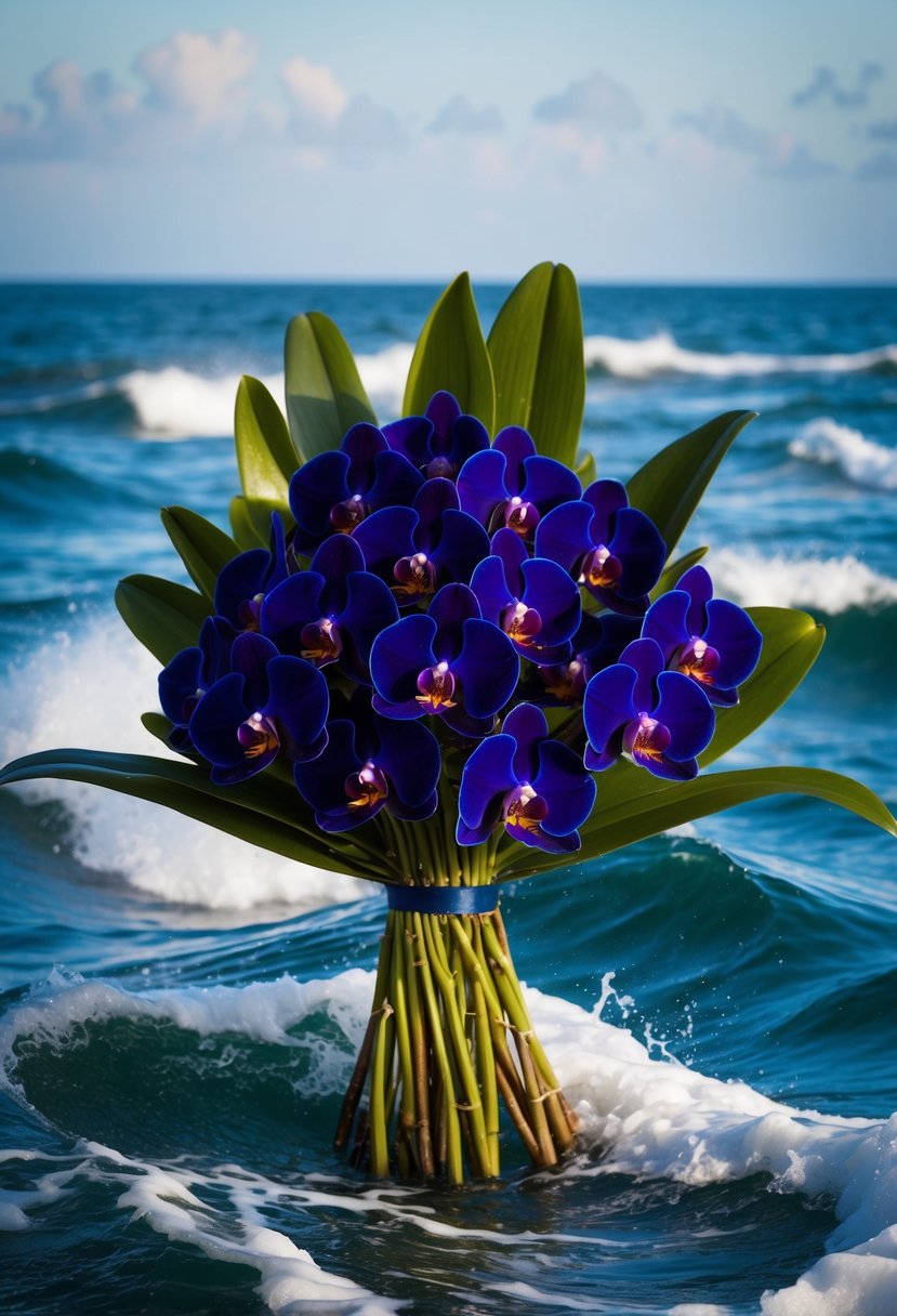 A lush bouquet of deep navy orchids amidst swirling ocean waves