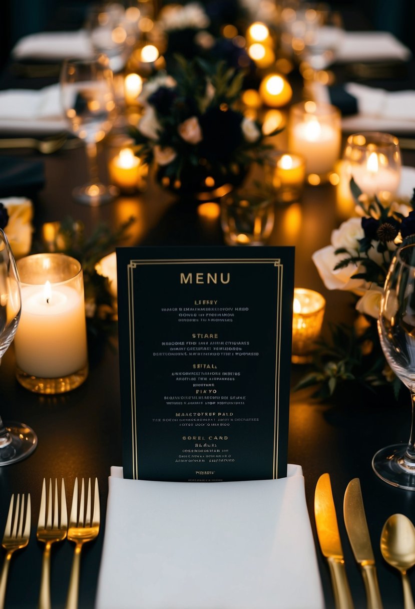 A dimly lit table adorned with black-and-gold menu cards, surrounded by flickering candlelight and moody floral arrangements