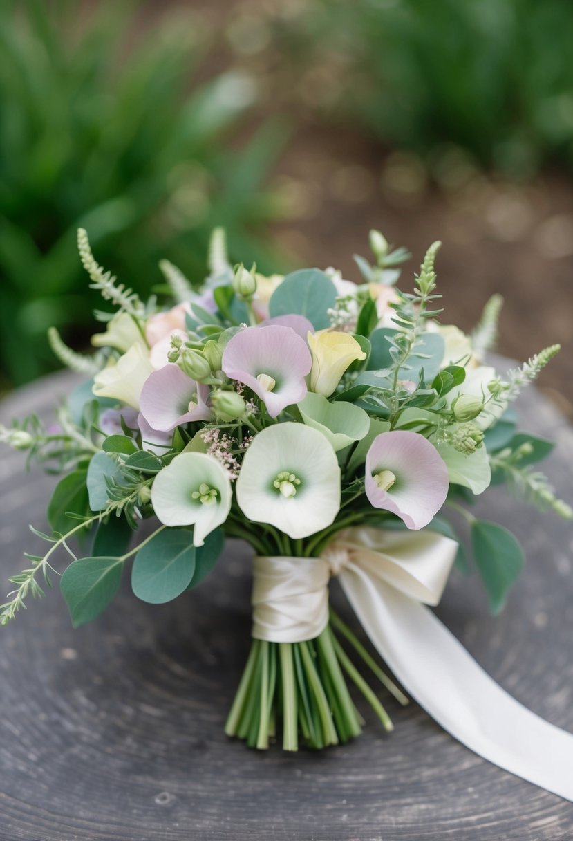 A delicate wedding bouquet featuring soft pastel and earth tone sweet pea flowers, accented with greenery and tied with a satin ribbon