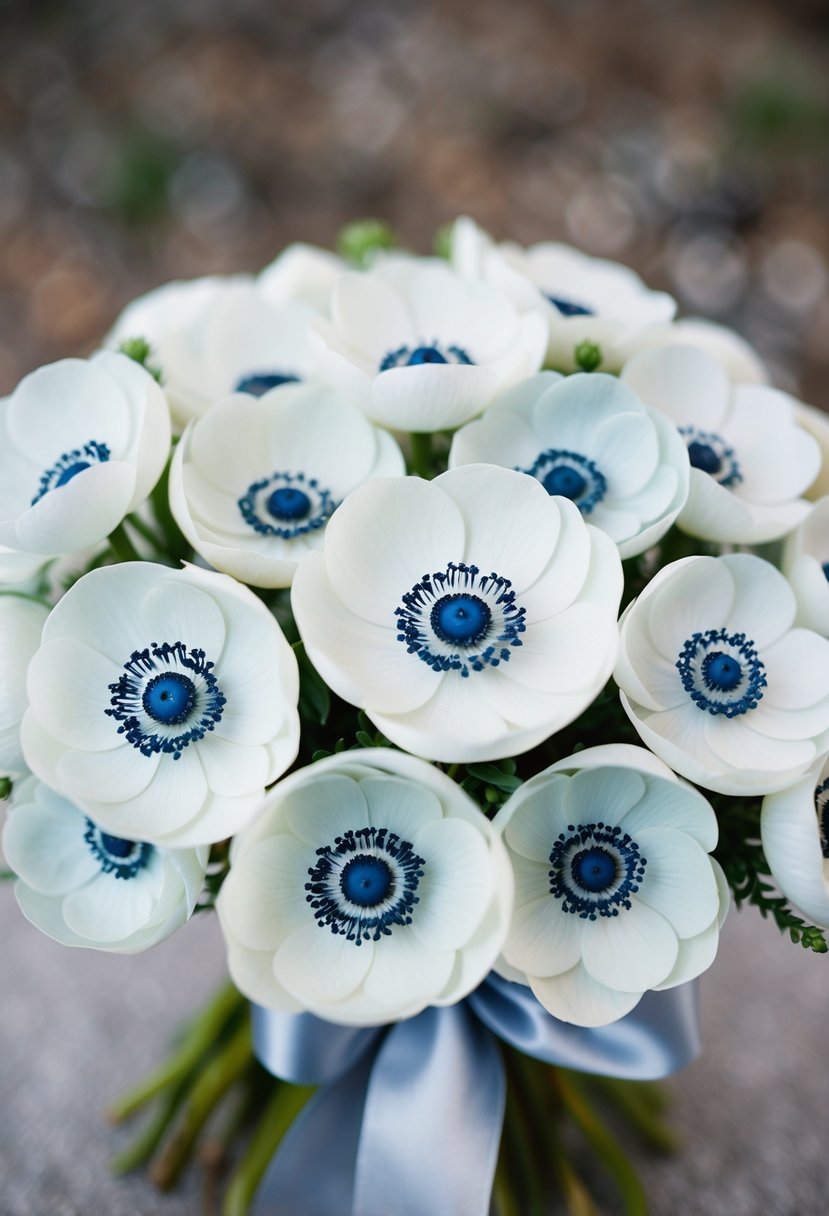 A delicate bouquet of white anemones with navy blue centers, tied with a satin ribbon