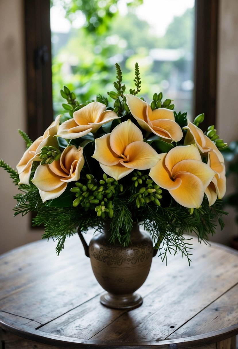 A lush bouquet of earth-toned Gardenias, accented with greenery, sits in a vintage vase on a rustic wooden table