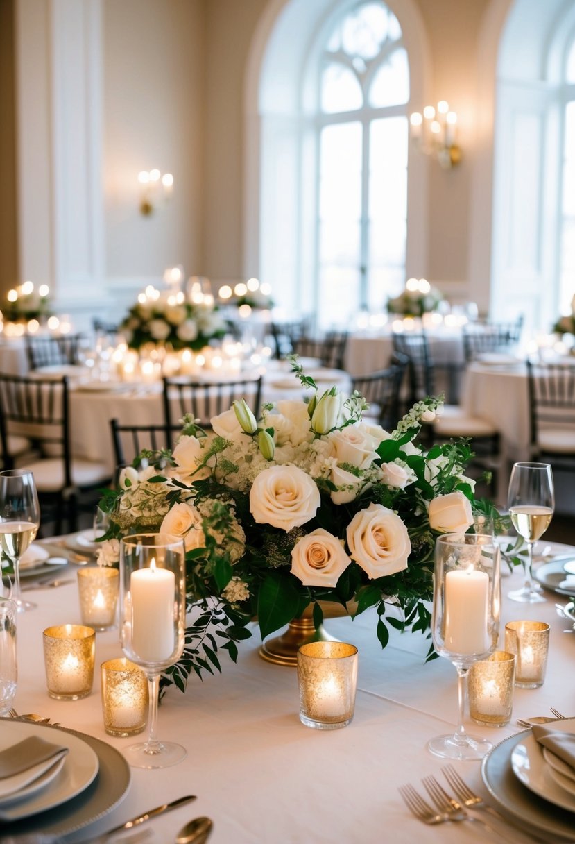 A grand table adorned with elegant floral centerpieces and sparkling candlelight for a sophisticated wedding celebration