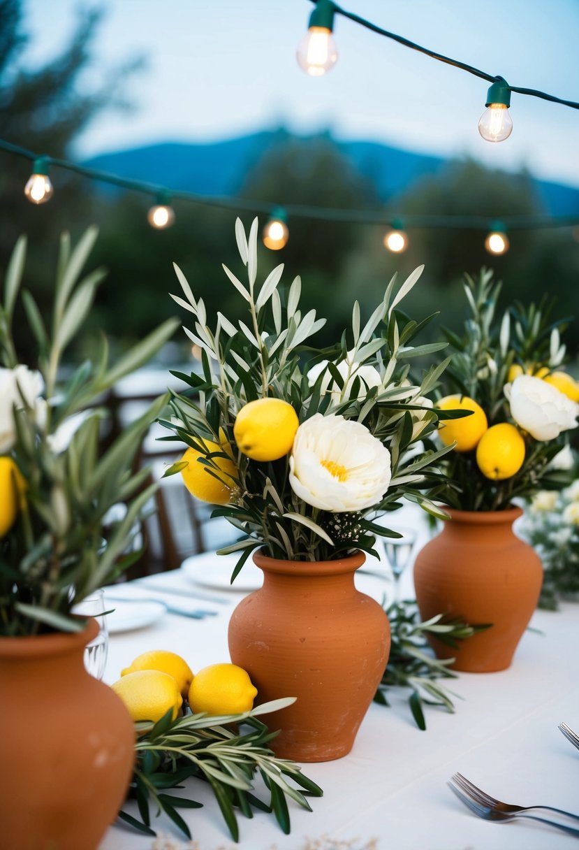 A rustic Italian wedding table adorned with olive branches, lemons, and white flowers in terracotta vases. Twinkling string lights hang overhead