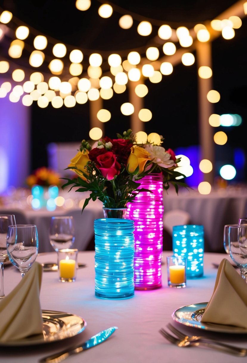 Colorful LED lights illuminate wedding table centerpiece