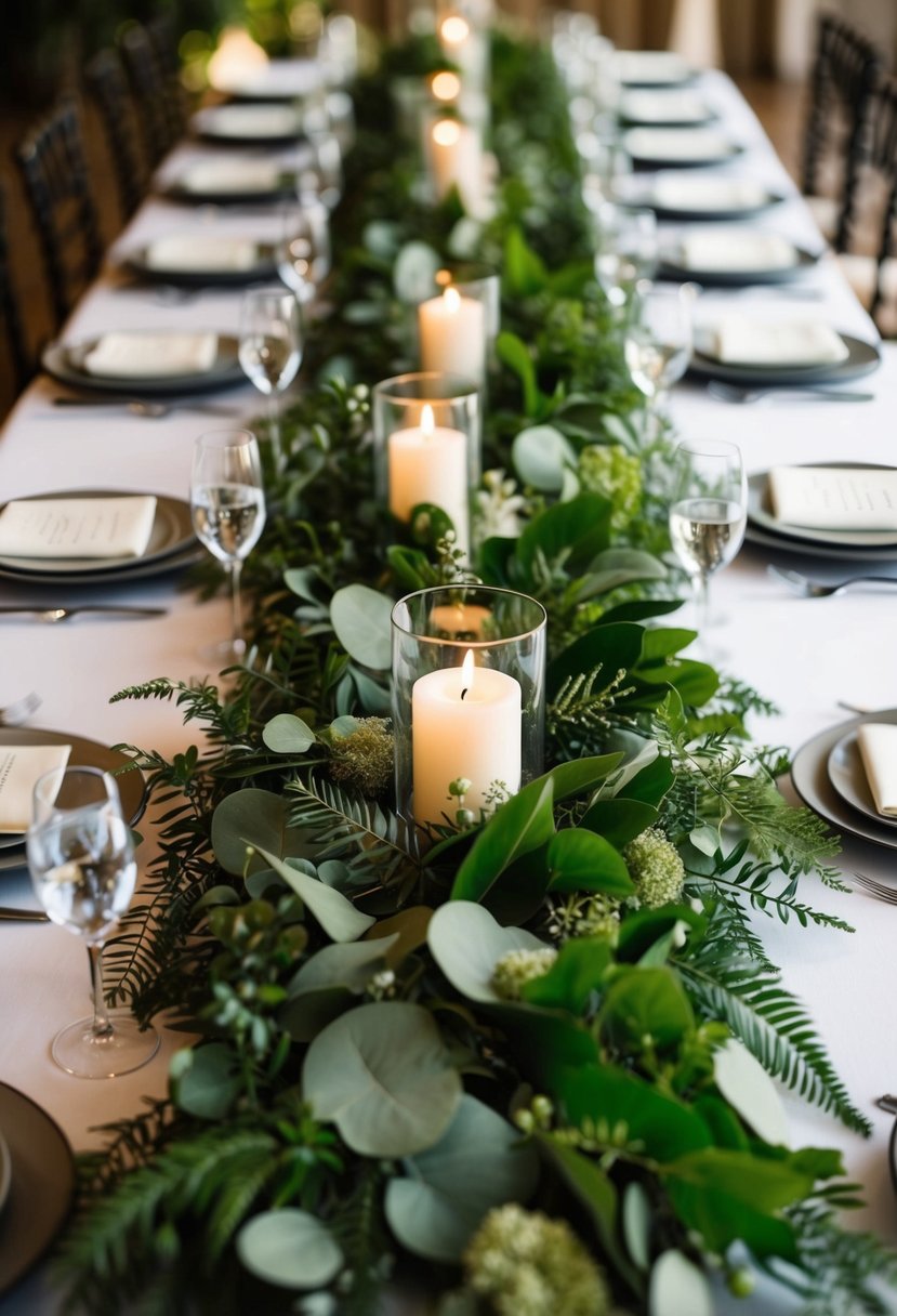 A long table is adorned with a border of lush greenery, creating a natural and elegant wedding decoration