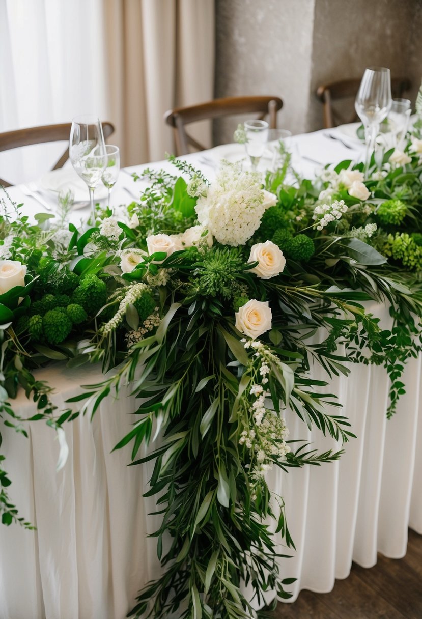 A table adorned with lush greenery garlands, intertwined with delicate florals, creating a natural and elegant Italian wedding centerpiece