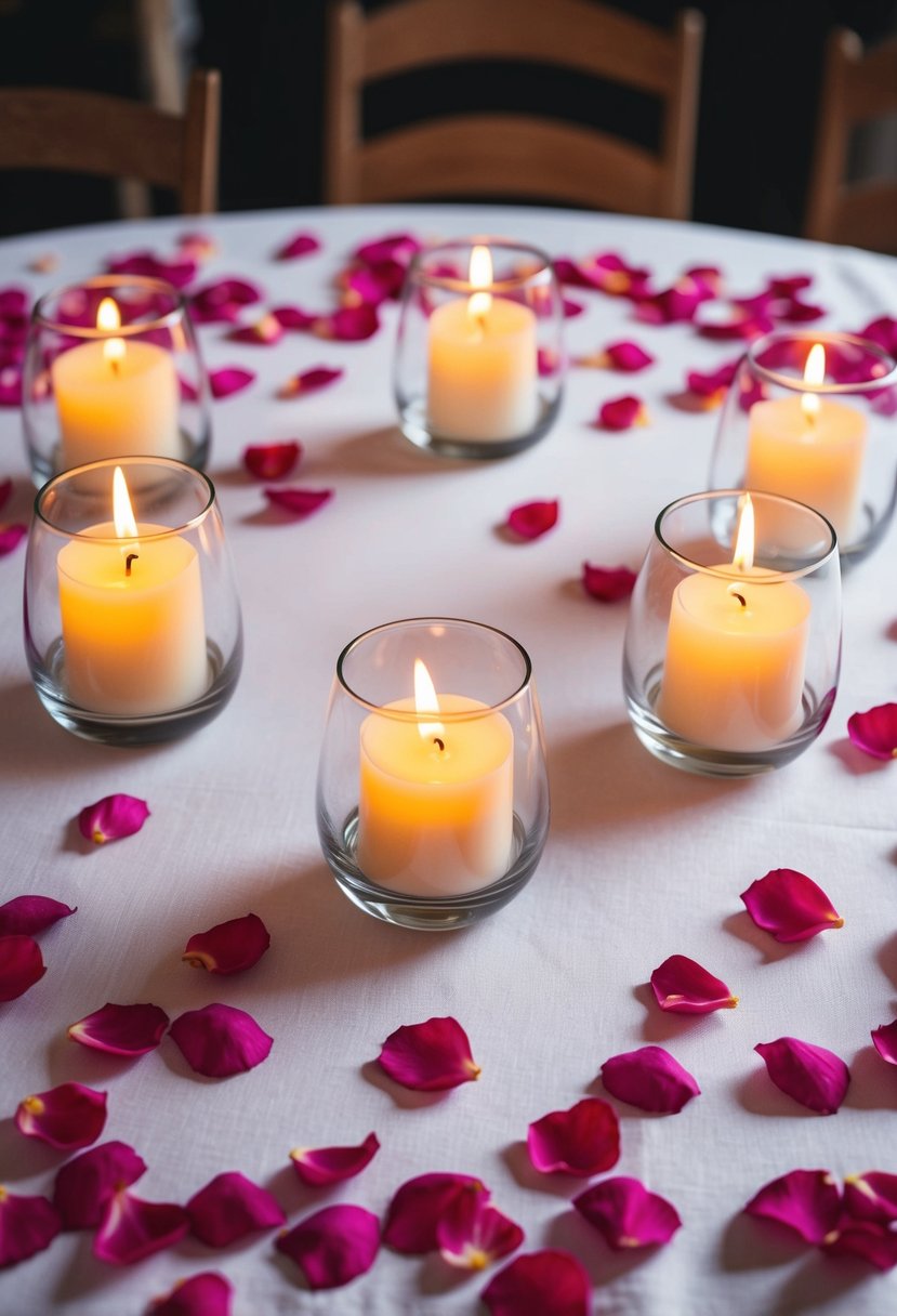 A circular arrangement of floating candles in glass vases, surrounded by scattered rose petals on a white tablecloth