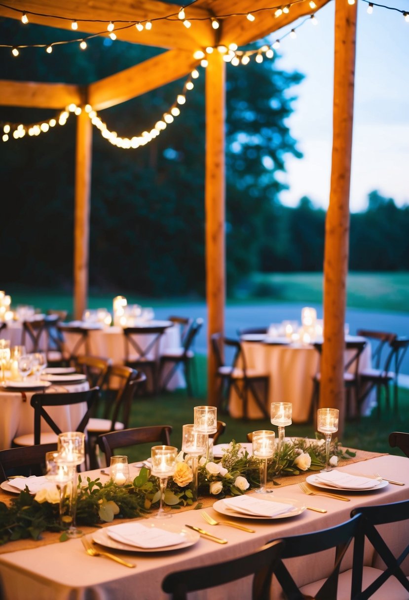 Fairy lights draped over outdoor reception tables, casting a warm glow on the wedding decor