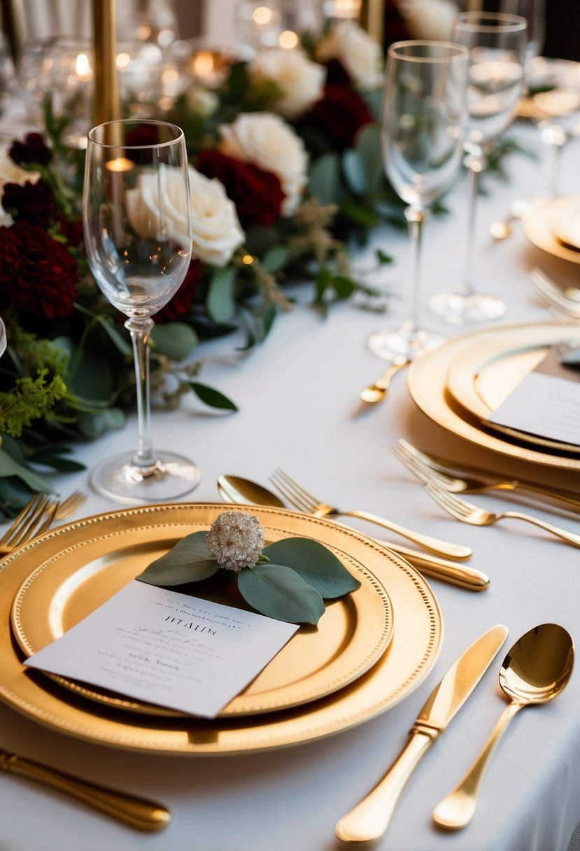 A table set with gold flatware, adorned with elegant Italian wedding decor