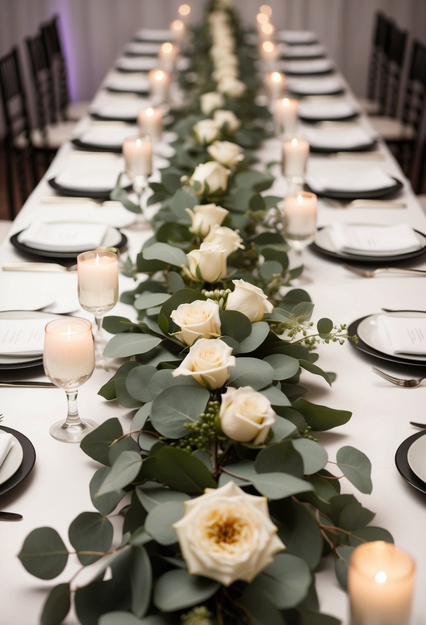 A long eucalyptus and white rose garland drapes elegantly across the center of a wedding reception table, adding a touch of natural beauty to the decor