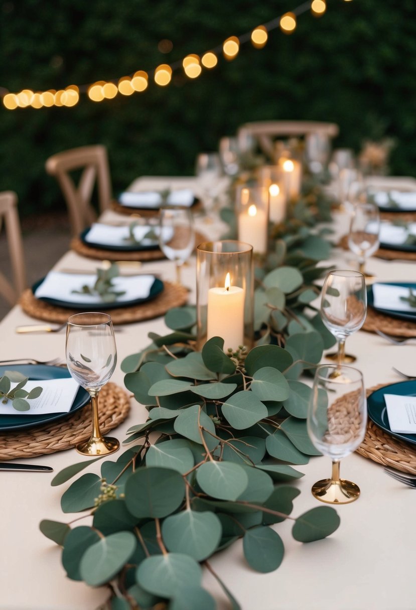 A table adorned with eucalyptus garland string lights, creating a warm and romantic ambiance for a wedding celebration