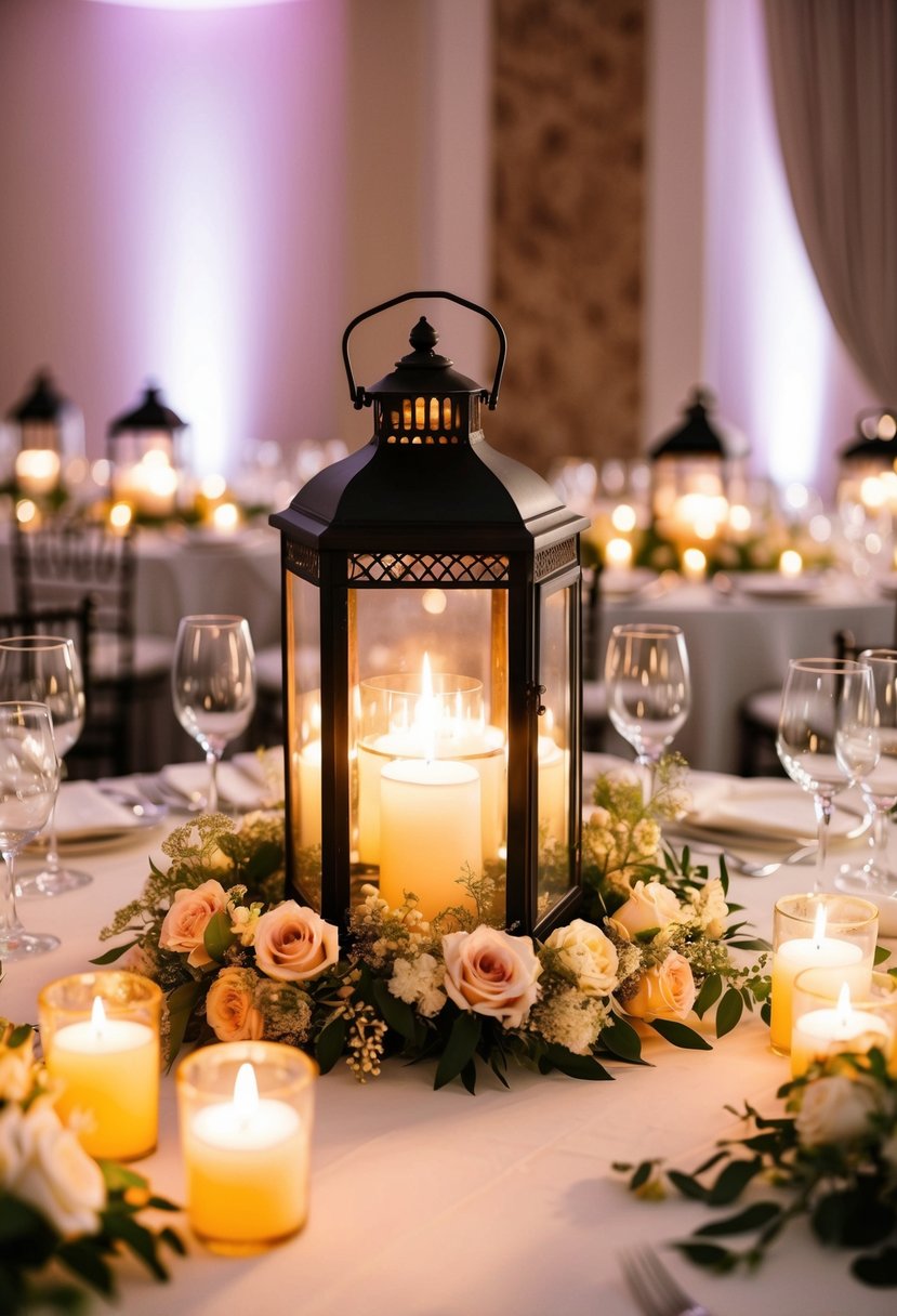 A vintage lantern centerpiece illuminates the main table, surrounded by delicate floral arrangements and flickering candles, creating a romantic and elegant wedding atmosphere