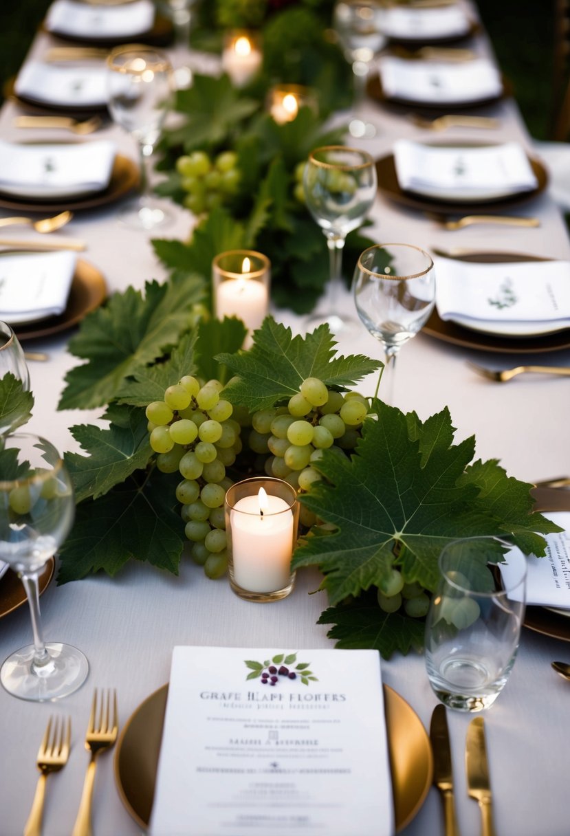 Grape leaves adorn tables at an Italian wedding, adding natural elegance to the decor