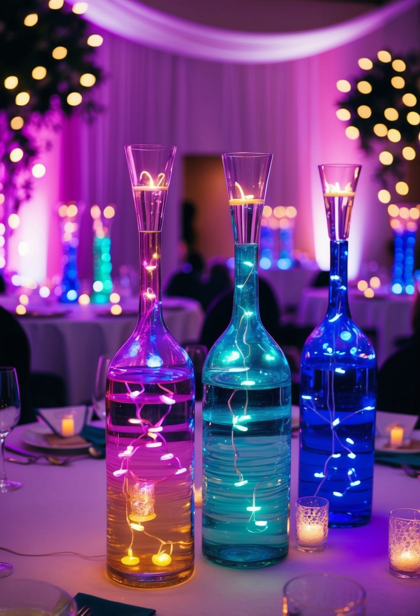 Colorful LED lights illuminate vases filled with water, creating a mesmerizing wedding table decoration